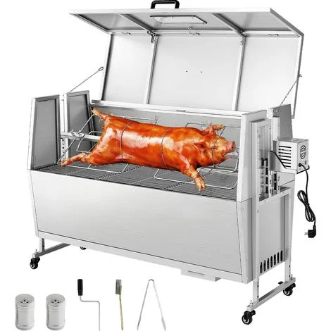Mophorn Griglia per Maialino a Carbone, Lunghezza 132 cm, Capacità di Carico 60 kg, con Ruote, Regolazione Altezza a 4 Vie e Coperchio, Realizzata in Acciaio Inossidabile per Uso in Campeggio