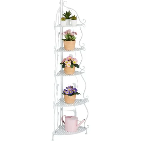 Relaxdays Scaffale Angolare Portafiori in Acciaio, 5 Ripiani Pieghevoli, Portavasi Piante e Fiori, 136x30x30 cm, Bianco