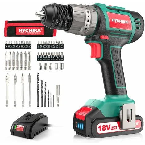 HYCHIKA Trapano Avvitatore Batteria 18V, Brushless 60Nm Trapano a Percussione, 2.0Ah Batteries, 53 Accessori, Caricatore Rapido, 21+3 Coppie, 2 Velocità Variabile, 0-500/0-2000 RPM