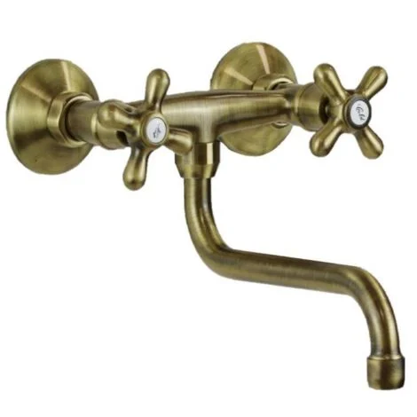 Schläfer 3460117Rubinetto Cucina Gruppo Lavello a Muro manopola antica, Lavatoio Lavanderia e Lavabo Bagno da Parete, Canna Girevole Universale a "S" 200mm, Bronzo, Ottone Antico