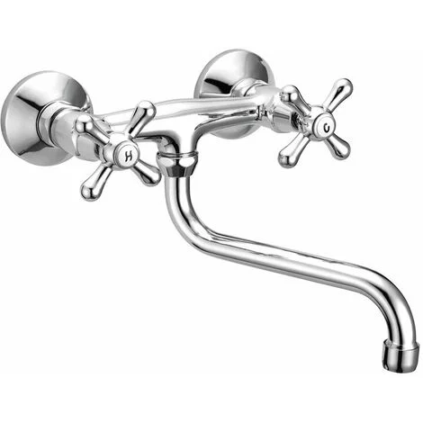 Schläfer 3460110Rubinetto a Muro per Lavello Cucina, Lavatoio Lavanderia e Lavabo Bagno, con Manopole Stile Antico e Canna Girevole Universale a S 200mm, Finitura Cromata