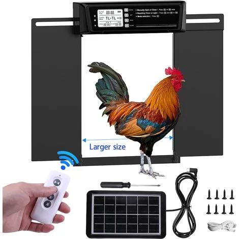 Grande porta automatica per pollaio con timer e sensore di luce, funzione anti-pizzicamento intelligente, schermo LCD programmabile e telecomando, alimentazione solare e due metodi