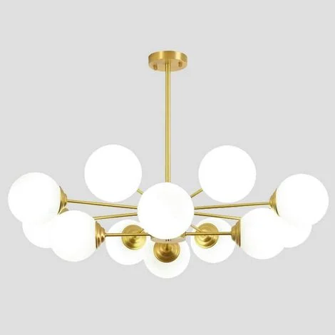 Lampadario moderno GOECO color oro, attacco E27 con paralume in vetro satinato bianco, lampada a sospensione per soggiorno, ristorante, camera da letto, 8+4 luci