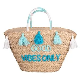 Borsa mare in paglia con nappine, Good Vibes Only