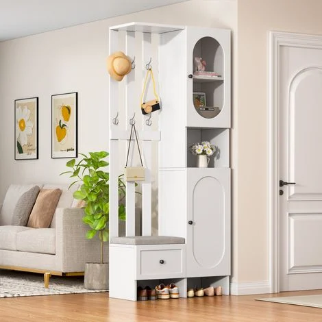 Set di mobili da ingresso bianchi 85 x 33,5 x 200 cm, unità di stoccaggio 6 in 1, armadio, appendiabiti, scarpiera
