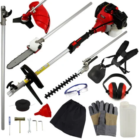 Multiutensile 5 in 1 con tagliasiepi, motosega, tagliaerba, decespugliatore e prolunga da 100 cm. Motore a benzina a 2 tempi da 52 cc, Attrezzatura di sicurezza