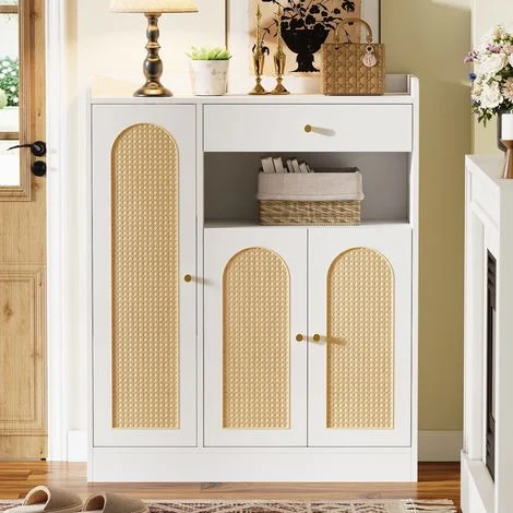 Scarpiera in rattan - mobile contenitore da ingresso con 3 ante e 1 cassetto - ripiani regolabili - 90 x 35 x 110 cm - bianco e legno naturale stile bohémien