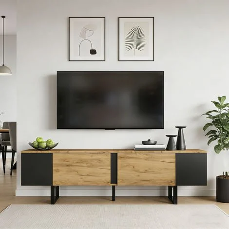 Mobile porta TV 180x40x55 cm per TV fino a 75 pollici, 2 ante e ripiani a giorno, legno naturale e nero