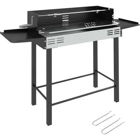 Barbecue a carbone Irovami, griglia regolabile, 1 girarrosto, 118 x 32 x 90 cm, nero e argento
