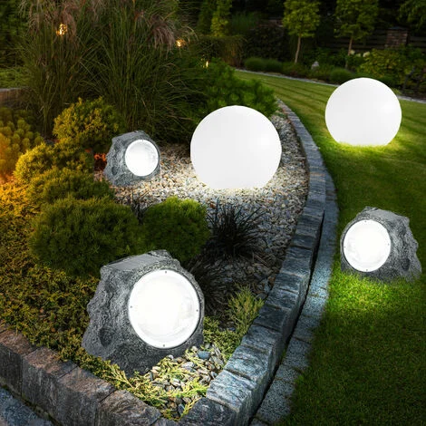 Lampade decorative da giardino effetto pietra lampade solari per esterno giardino sfera decorativa LED per terrazza solare, plastica bianco grigio, LED bianco caldo, set da 5