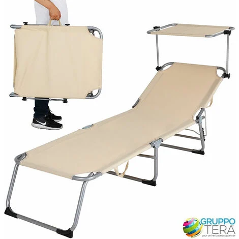 Lettino Prendisole Tettuccio Parasole Sdraio Mare Beige 3 Posizioni Pieghevole