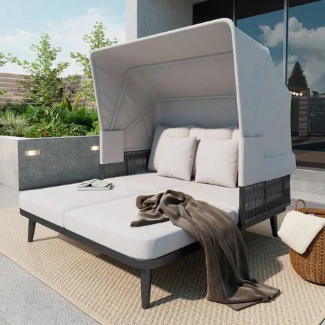 Letto Solare per 2 Posti in Metallo e Poliestere con Parasole Pieghevole e Cuscini Spessi 10 cm, Grigio
