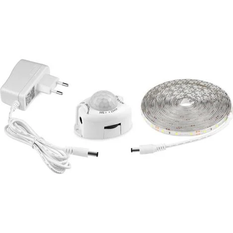 Striscia LED con sensore di movimento, autoadesiva e flessibile, impermeabile IP65 con alimentatore 12V, barra luminosa per camere da letto, soggiorni, cucine, armadi e decorazioni (5 m, bianca)