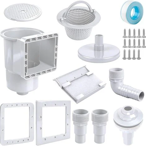 Kit skimmer di superficie da 9 pezzi, cestello skimmer, ugello di aspirazione e raccordo per tubo flessibile da 32/38 mm per la pulizia di piscine fuori terra e con pareti in acciaio, colore bianco.