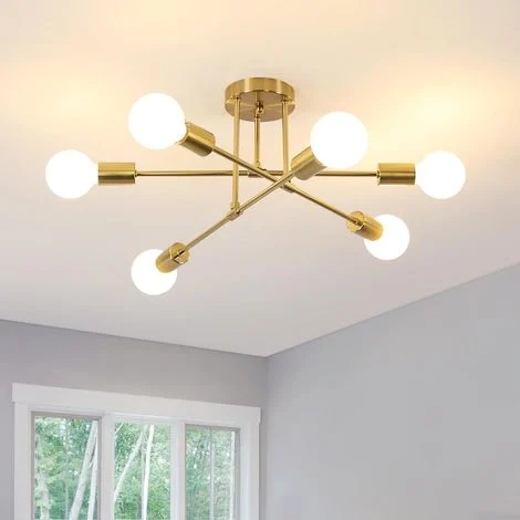 COMELY Lampadario da soffitto industriale, 6 luci E27, lampada da soffitto in metallo vintage, lampada da soffitto Sputnik oro retrò per soggiorno, cucina, sala da pranzo, camera da letto, diametro 52