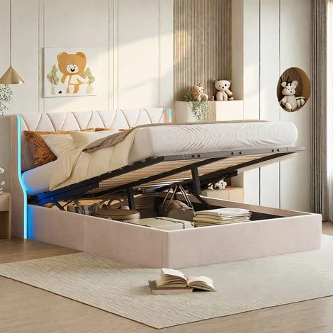 Letto matrimoniale contenitore 140x190 cm - con illuminazione a LED - ampio spazio contenitivo - rete a doghe - velluto - adatto per adulti e ragazzi - Beige