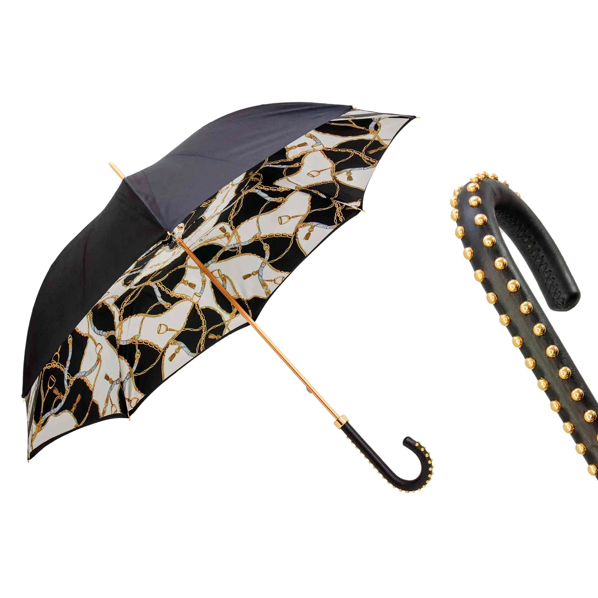 Ombrello STAMPA BLACK BRIDLES con manico in pelle di Pasotti