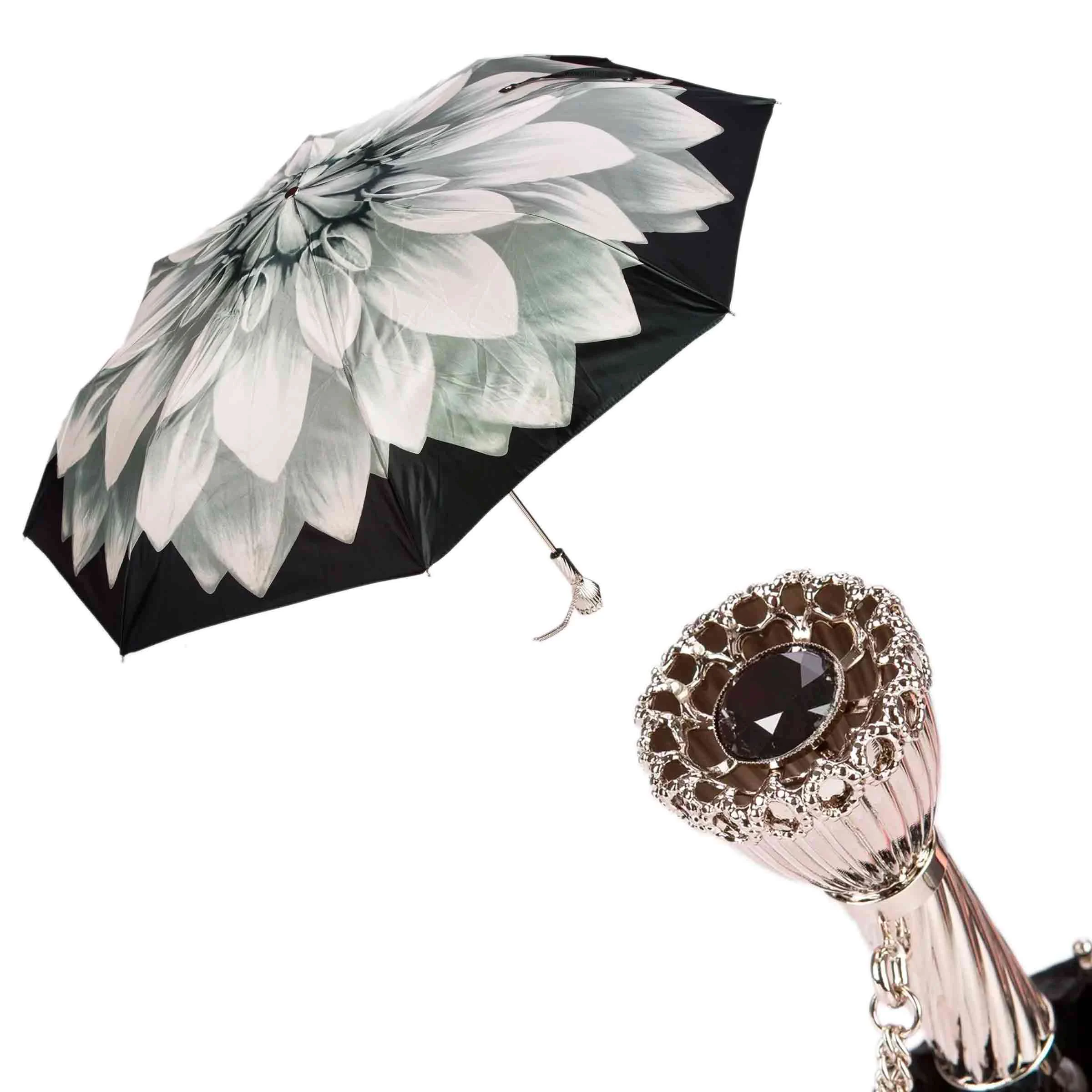 Ombrello Pieghevole DAHLIA Argento con Manico in Ottone Gioiellato di Pasotti