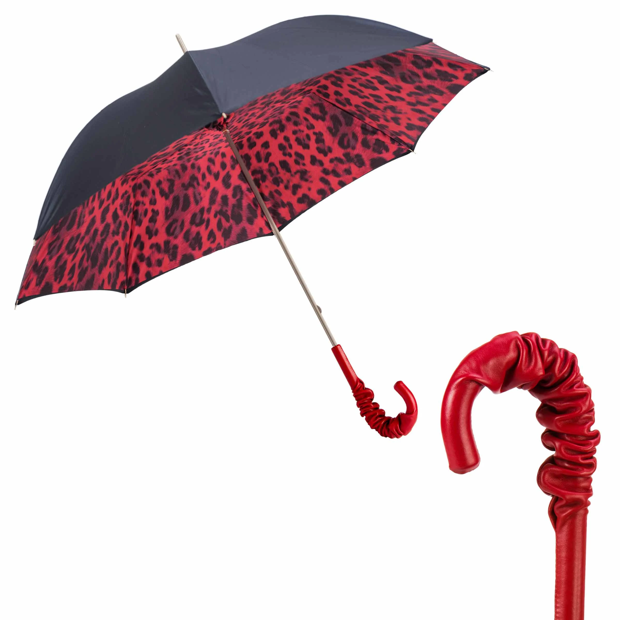 Ombrello LEOPARD Rosso con Manico in Pelle di Pasotti
