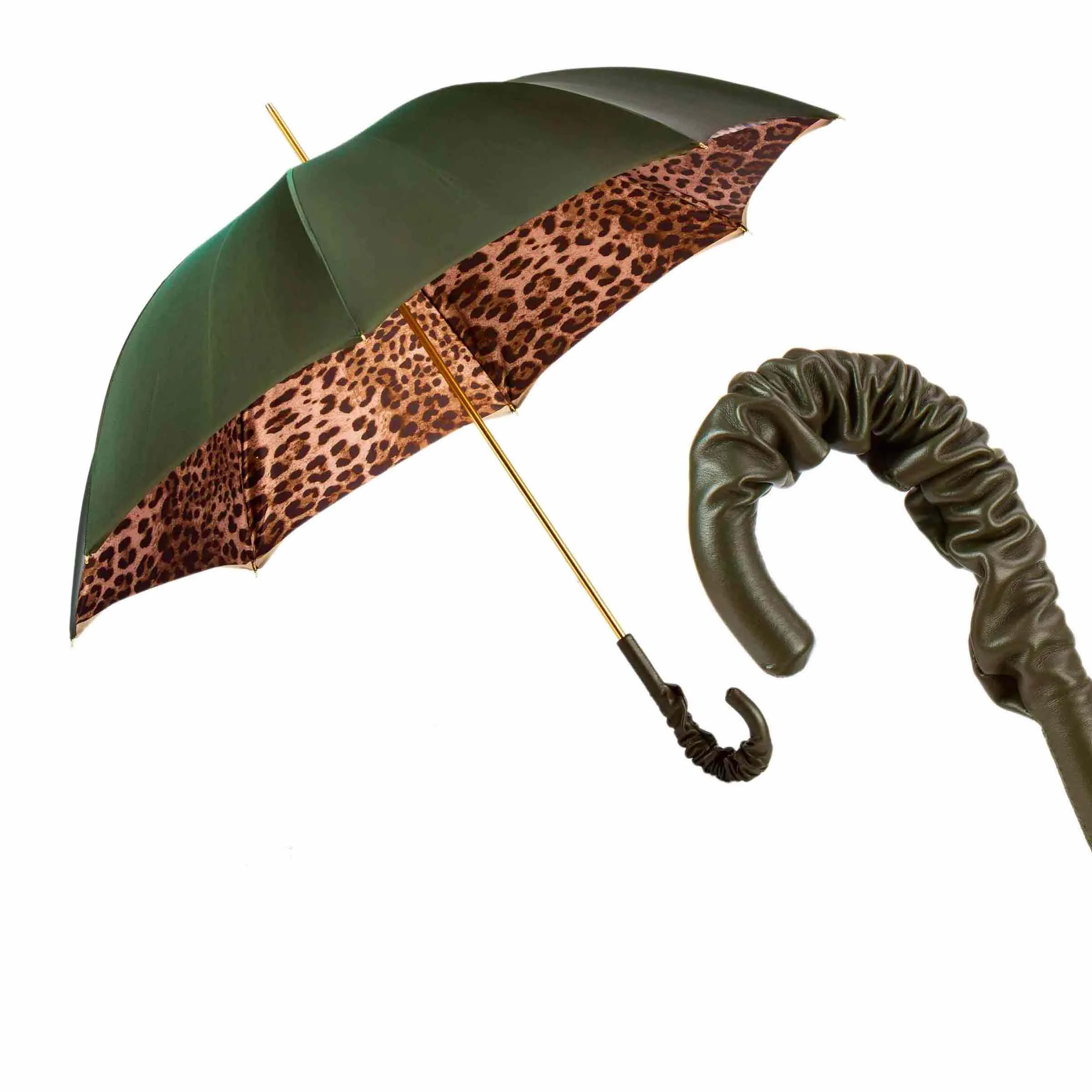 Ombrello LEOPARD Verde Oliva con Manico in Pelle