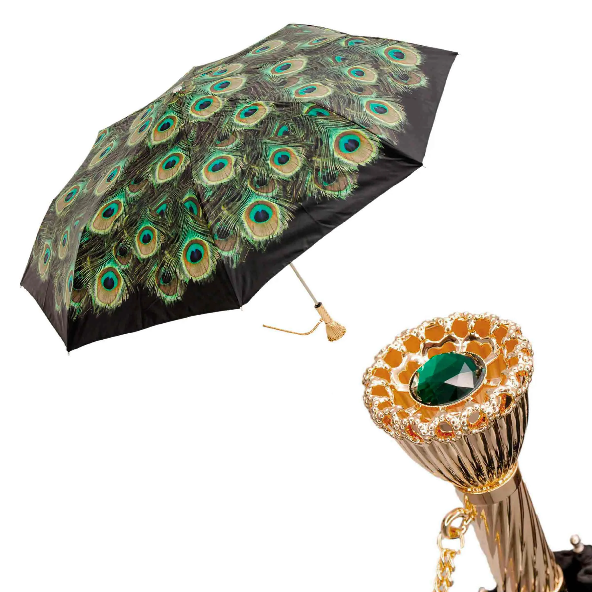 Ombrello pieghevole PEACOCK con manico in ottone gioiellato di Pasotti