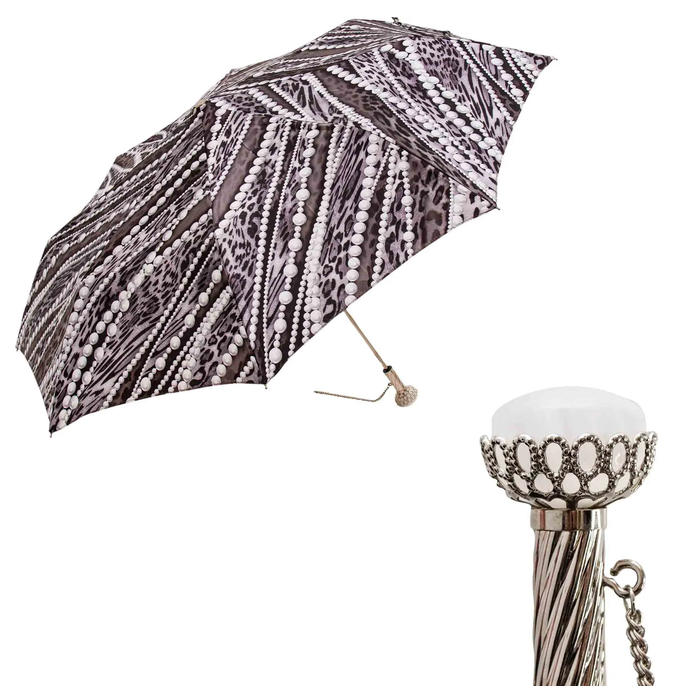 Ombrello pieghevole PEARLS PRINT con manico in ottone gioiellato di Pasotti