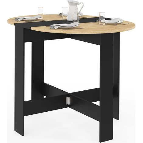 EDI Consolle rotonda pieghevole 2-4 persone in legno nero piano in faggio 103 x 76 cm