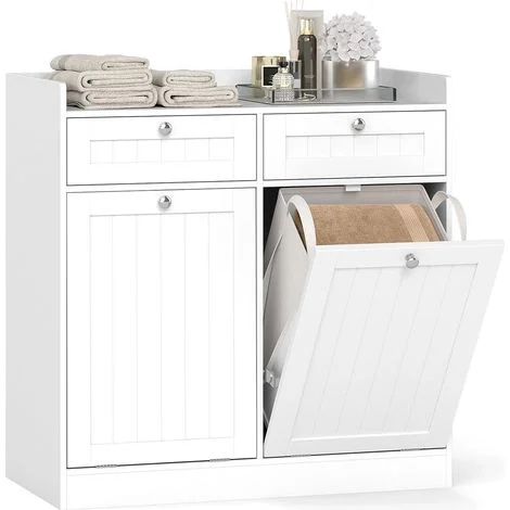 COSTWAY Mobiletto per Biancheria con 2 Cesti Ribaltabili, Mobile da Bagno Indipendente con Ripiano, 2 Cassetti e 2 Sacchi Porta Biancheria Rimovibili, Armadietto in Legno per Bucato (79 x 40 x 80 cm)