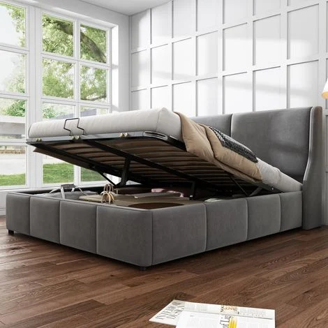 Letto contenitore 140x190 cm con rete e vano idraulico, struttura capitonné moderna, velluto, grigio