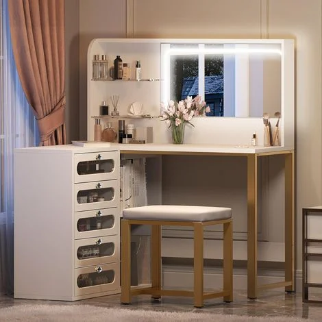 Toeletta con specchio LED e sgabello- tavolo da trucco a L con ampio spazio di archiviazione - 120x80x135cm - Bianco e dorato