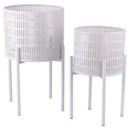 Set 2 porta vasi 20x36 cm e 25 x43 cm in ferro con piedistallo, bianco, Esté