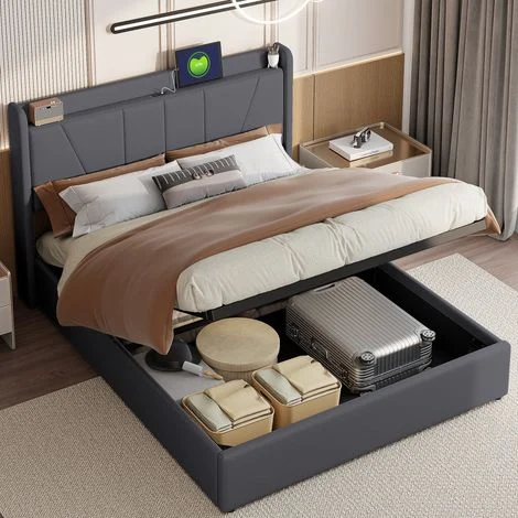 Letto contenitore 140x200 cm con ricarica USB e Type-C - Rete idraulica e testiera imbottita - Lino - Grigio