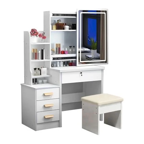 Elegante toletta con specchio e illuminazione, 1 sgabello, specchio da trucco illuminato, 3 colori, 4 cassetti, 85x36x130 cm, CJHXE
