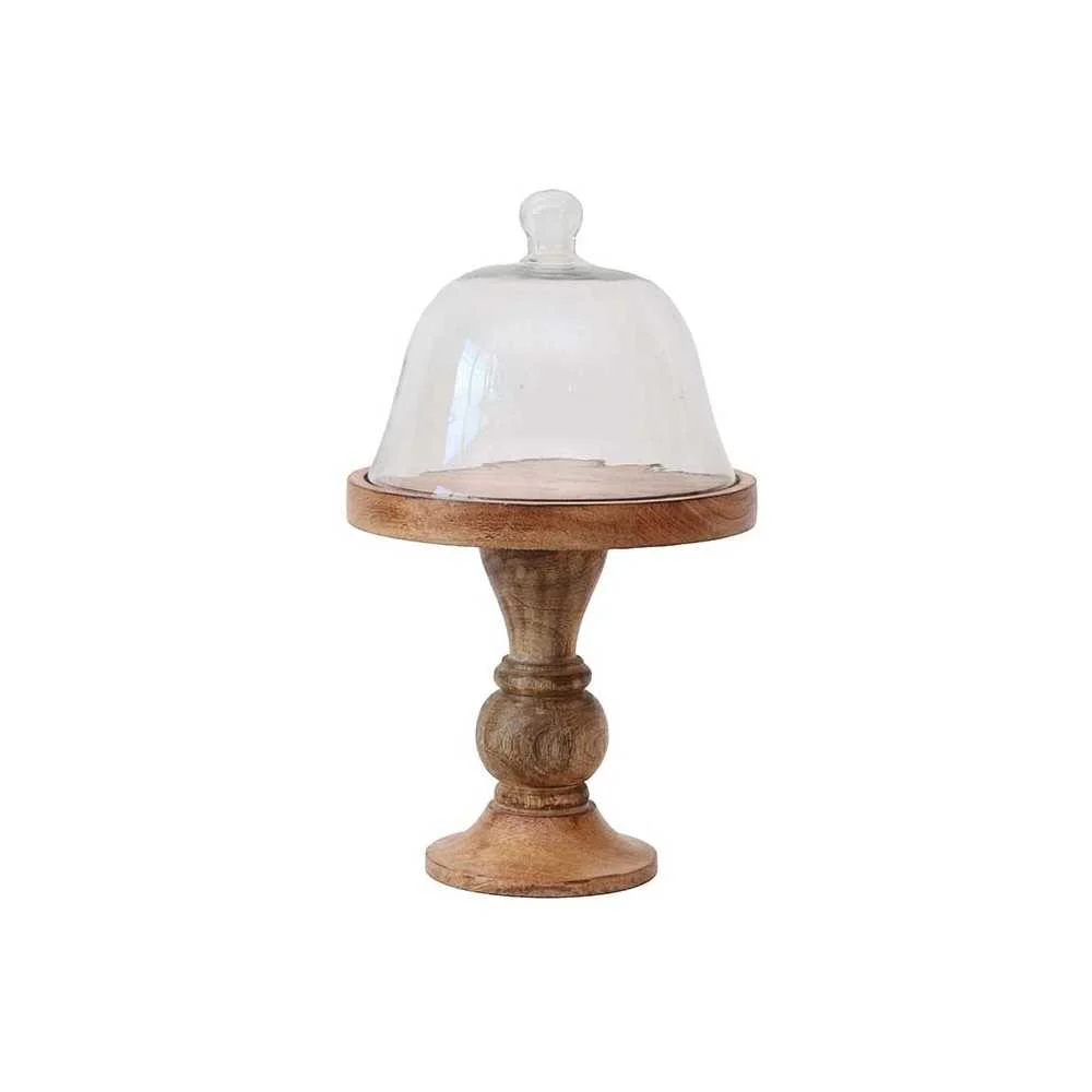 Alzata in Legno con Cloche in Vetro 21x21x36 cm – Eleganza Light Burnt