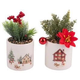 Piantina grassa artificiale, vaso in ceramica, Winter Village