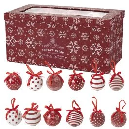 Set box 14 palle di Natale rosse decoro righe e renne, Santa's House