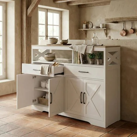 Credenza in legno bianco, mobile contenitore spazioso con 2 cassetti, 4 ante e vano aperto, stile moderno scandinavo, Bianco con piano effetto legno