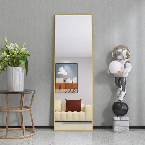 Specchio su piedistallo 162x53 cm - specchio da terra sospeso o da parete su tutta la lunghezza - con cornice in metallo per soggiorno - camera da letto o bagno - Dorato