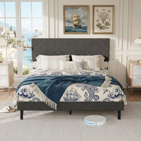 Letto adulti Matrimoniale 160x200 cm con Rete a Doghe, Rivestimento in Lino, Testiera a Righe (Acanalata), Design Nordico – Grigio