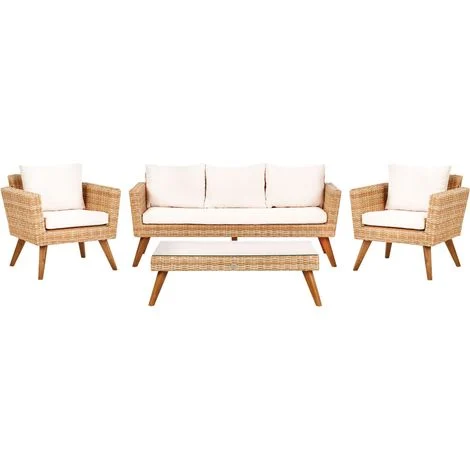 Set giardino in rattan bianco crema composto da divano 3 posti 2 poltrone tavolino Vittoria XL