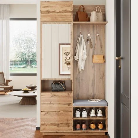 Mobile da ingresso con scarpiere - con specchio, panca, ganci, appendiabiti - armadio compatto - 90x34,5x190 cm - Legno