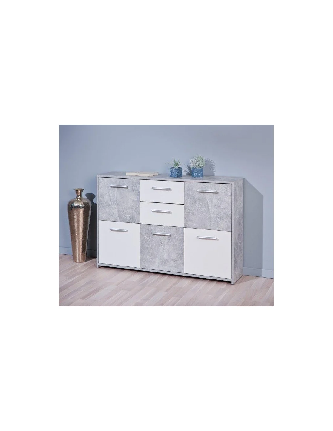 MOBILE SOGGIORNO BUFFET 5 ANTE 2 CASSETTI BIANCO/CEMENTO 115X30X77CM