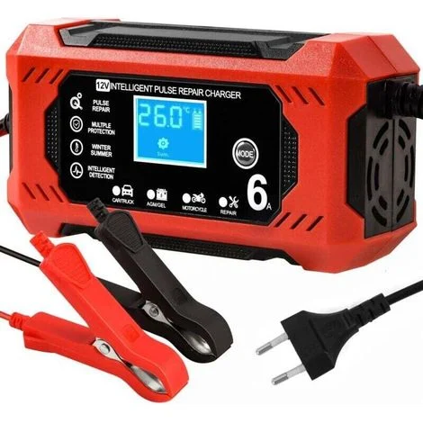 Caricabatterie intelligente 12V 6A – Schermo LCD – Caricabatterie per AGM, GEL, SLA – Ricondizionamento a impulsi – Modalità moto