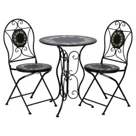 Set tavolo e 2 sedie pieghevoli da esterno in ferro, nero con decoro limoni, Amalfi Breakfast Esté