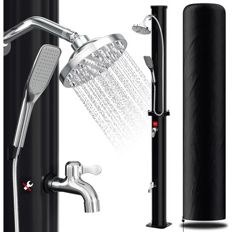 Randaco Doccia solare da 35 litri con colonna in nero - set completo incl. cappuccio di protezione, doccetta e tappo di scarico (doccia da giardino, doccia da piscina)