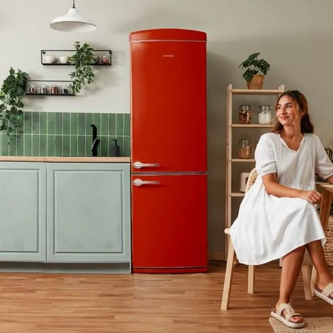 Frigorifero combinato retrò, nero, alto 176,5 cm e largo 54 cm, con capacità di 250 litri, Total No Frost, classe energetica E e con sistema Multi Air Flow.