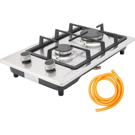 Piano cottura a gas in acciaio inox, fornello a gas a 2 fuochi, con tubo del gas e riduttore di pressione, 3 kW + 1,75 kW, per cucina, ufficio o campeggio, Fornello a gas per propano e gas naturale