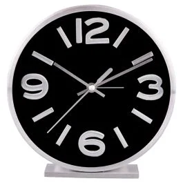 Orologio tondo da tavolo con sveglia 15 cm in stile modern retrò, silver e nero, Sibilla