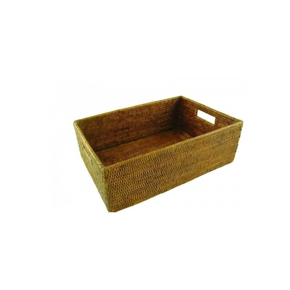 Cestino Rettangolare con Manici in Rattan Scuro 45x31x15 cm