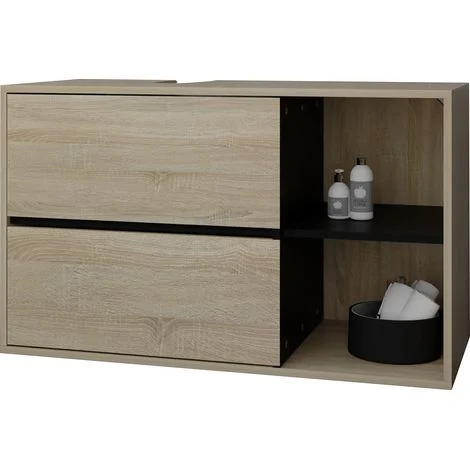 ML-Design Mobile Sottolavabo Bagno Marrone-Nero 100 x 60 x 45,5 cm Armadietto per Lavandino con 2 Cassetti e Scaffale Mobiletto Sottolavello Sospeso Portaoggeti Arredo Salvaspazio in Legno MDF